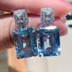 Emerald Cut Aquamarine Sapphire Drop Earrings