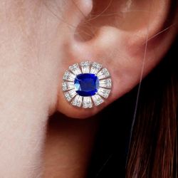Flower Design Cushion Cut Blue Sapphire Stud Earrings