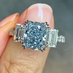Three Stone Radiant Cut Blue Sapphire Engagement Ring