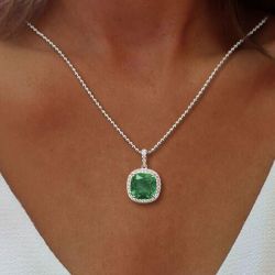 Halo Cushion Cut Green Sapphire Pendant Necklace