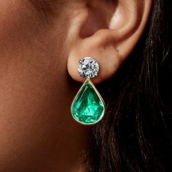 Two Tone Pear & Round Cut Emerald Color Drop Earrings