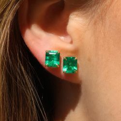 Golden Emerald Cut Emerald Color Stud Earrings