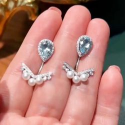 Pearl Halo Pear Cut Aquamarine Sapphire Drop Earrings