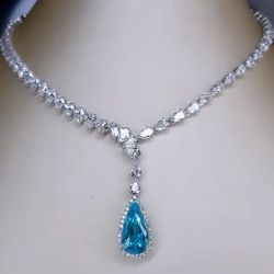 Halo Pear Cut Aquamarine & White Sapphire Pendant Necklace