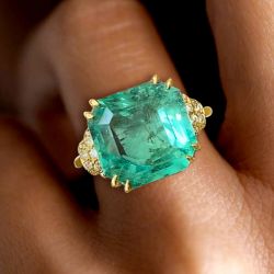 Fancy Golden Asscher Cut Green Sapphire Engagement Ring