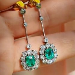 Vintage Cushion & Round Cut Emerald Color Drop Earrings