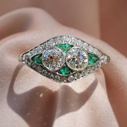 Round & Trillion Cut Emerald & White Sapphire Engagement Ring
