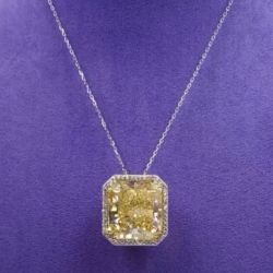 Two Tone Halo Radiant Cut Yellow Sapphire Pendant Necklace