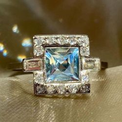 Princess & Emerald Cut Aquamarine Sapphire Engagement Ring