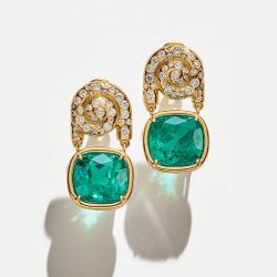 Golden Cushion Cut White & Emerald Color Drop Earrings
