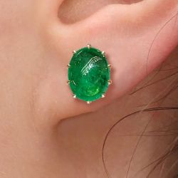Golden Oval Cut Emerald Color Stud Earrings