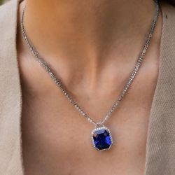 Halo Emerald Cut Blue & White Sapphire Pendant Necklace