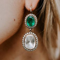 Golden Halo Oval Cut White & Emerald Color Drop Earrings