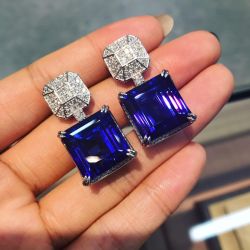 Luxury Asscher Cut Blue & White Sapphire Drop Earrings