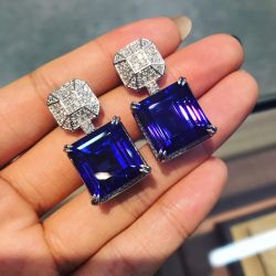 Luxury Asscher Cut Blue Sapphire Drop Earrings