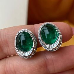 Halo Cabochon Oval Cut Emerald Color Stud Earrings