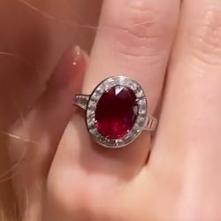 Luxury Halo Oval Cut Ruby & White Sapphire Engagement Ring