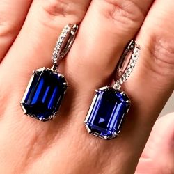 Fancy Emerald Cut Blue & White Sapphire Drop Earrings