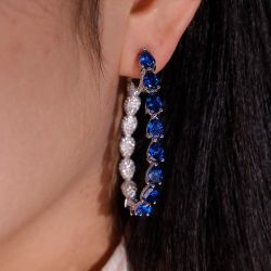 Ceylon Pear Cut & Pave Setting Blue Sapphire Hoop Earrings For Women