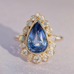  Golden Pear & Round Cut Blue Sapphire Engagement Ring