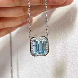 Two Tone Halo Emerald Cut Aquamarine Sapphire Pendant Necklace