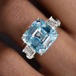 Three Stone Asscher Cut Aquamarine Sapphire Engagement Ring