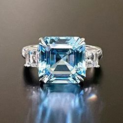 Three Stone Asscher Cut Aquamarine Sapphire Engagement Ring