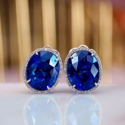 Halo Oval Cut Blue Sapphire Stud Earrings