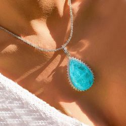 Gorgeous Halo Pear Cut Lake Blue Sapphire Pendant Necklace