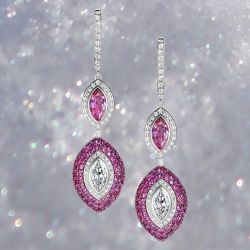 Two Tone Double Halo Marquise Cut Pink Sapphire Drop Earrings