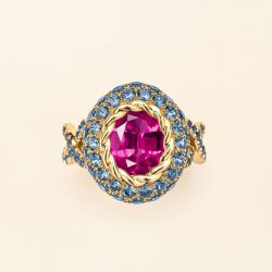 Precious Golden Oval Cut Ruby & Blue Sapphire Engagement Ring