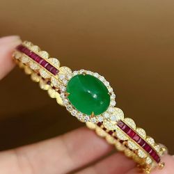 Golden Cabochon Oval Cut Vivid Emerald & Ruby Sapphire Bracelet