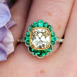 Two Tone Clover Flowers Design Cushion Cut Engagement Ring