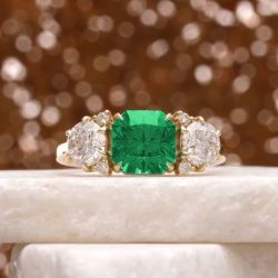 Golden Three Stone Asscher Cut Emerald Sapphire Engagement Ring