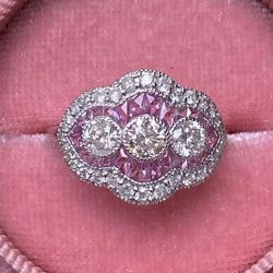 Vintage Halo Round Cut White & Pink Sapphire Engagement Ring