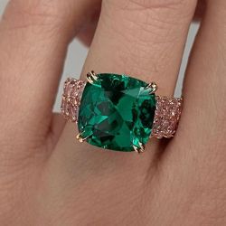 Rose Gold Cushion Cut Emerald & Pink Sapphire Engagement Ring