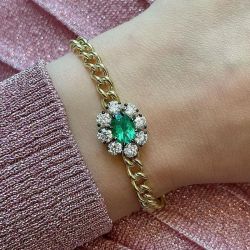 Two Tone Flower Design Oval Cut Emerald Sapphire Curb Bracelet