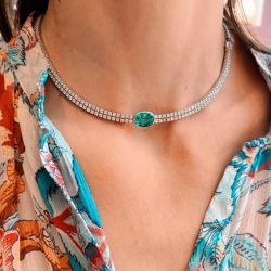 Oval Cut Emerald Sapphire Double Draped Tennis Necklace