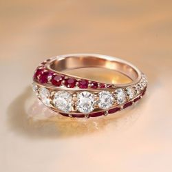 Rose Gold Round Cut Ruby & White Sapphire Wedding Band For Women