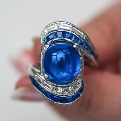 Vivid Cabochon Oval Cut Blue Sapphire Engagement Ring