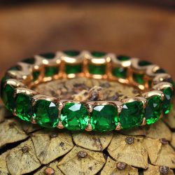 Golden Cushion Cut Vivid Emerald Sapphire Eternity Wedding Band