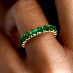 Golden Cushion Cut Vivid Emerald Sapphire Eternity Wedding Band