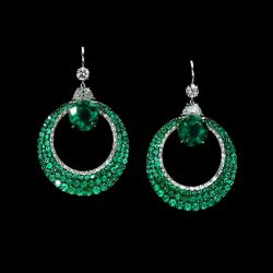 Two Tone Round Cut Emerald & White Drop Earrings
