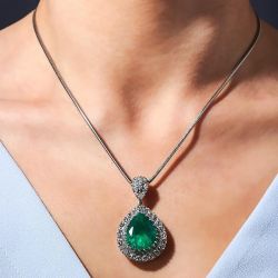 Elegant Double Halo Pear Cut Emerald Sapphire Pendant Necklace