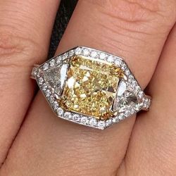Rare Two Tone Halo Cushion Cut Yellow Sapphire Engagement Ring
