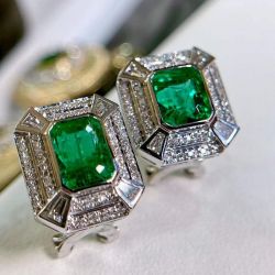 Art Deco Double Halo Emerald Sapphire Stud Earrings