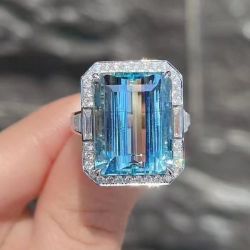 Single Halo Emerald Cut Aquamarine Sapphire Engagement Ring