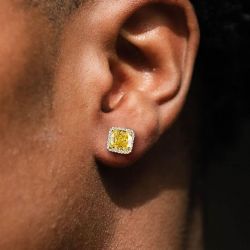 Two Tone Halo Cushion Cut Yellow Sapphire Stud Earrings