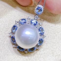 Fancy Halo Oval Cut Pearl & Aquamarine Sapphire Pendant Necklace