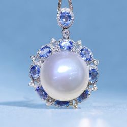 Fancy Halo Round Cut Pearl Pendant Necklace